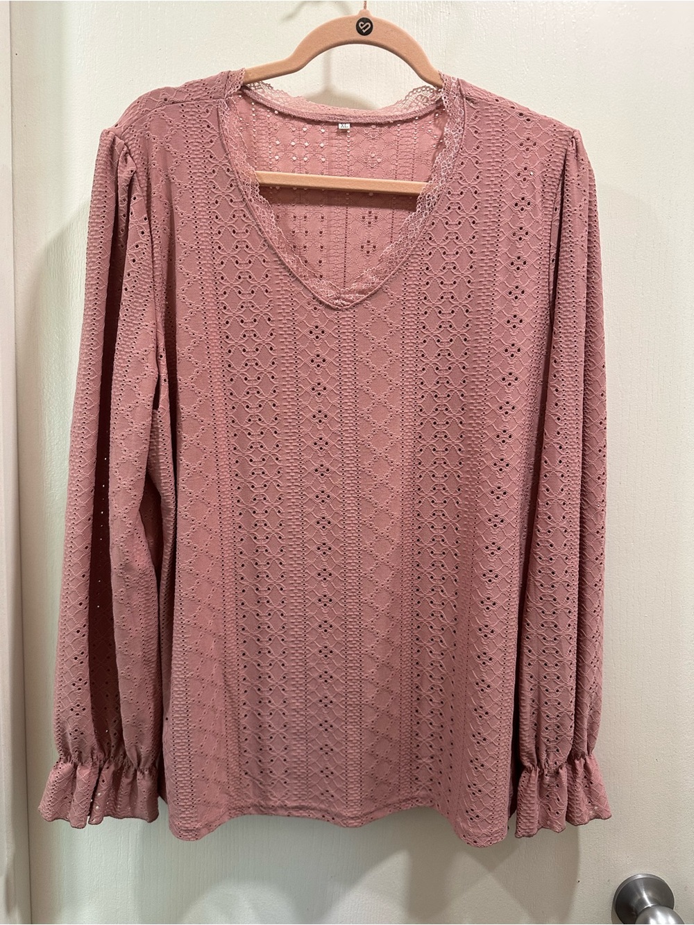 Women's Eyelet V-Neck Long Sleeve Top - Dusty Rose